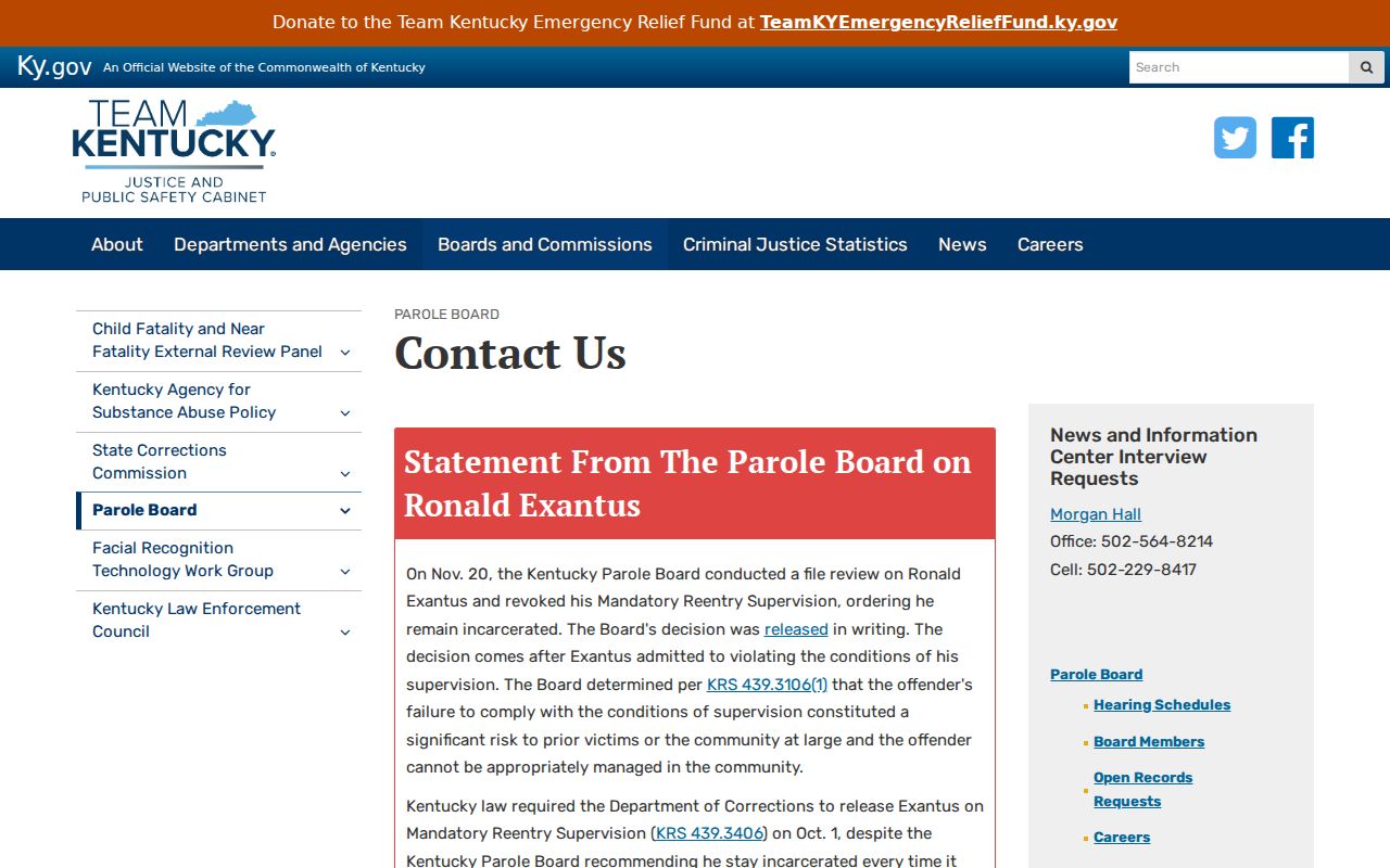 Madison County criminal history and Kentucky Parole Board contact page